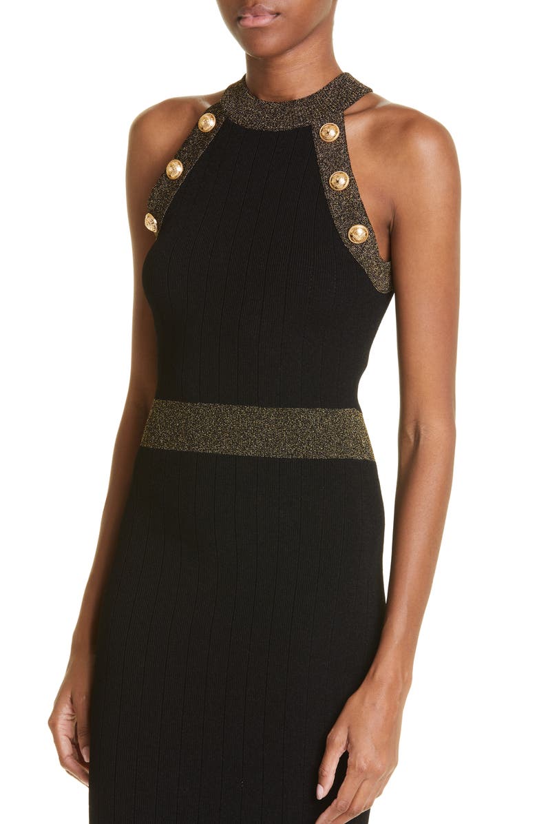 Balmain Golden Edge Rib Body-Con Midi Dress, Alternate, color, 