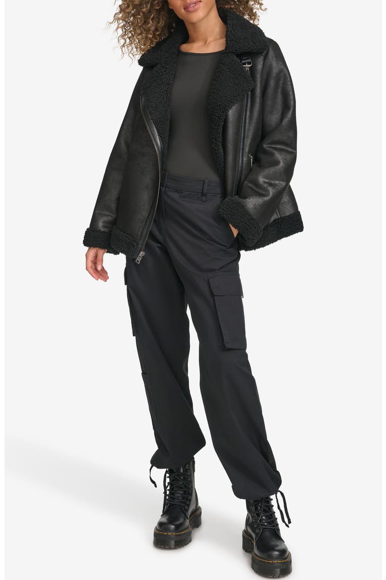 Faux Shearling Lined Faux Leather Moto Jacket, Alternate, color, BLACK