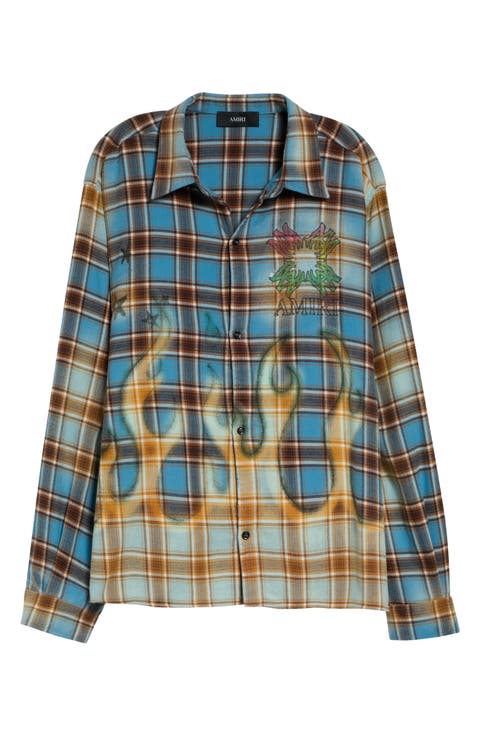 MA Quad Flames Plaid Cotton Flannel Button-Up Shirt