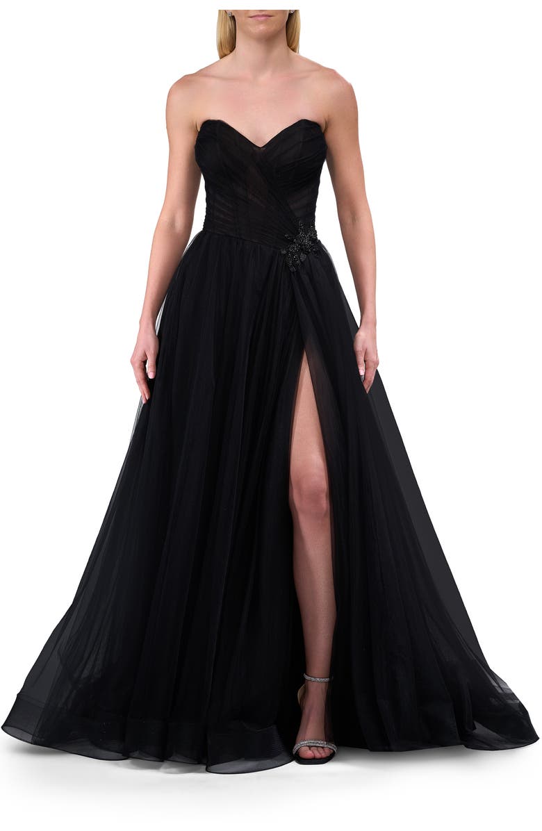 La Femme Strapless A-line Tulle Dress with Floral Waist Detail, Alternate, color, Black