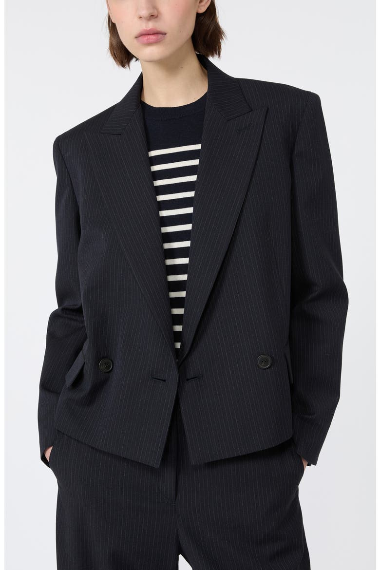 Pinstripe Wool Blend Cropped Blazer, Alternate, color, NAVY