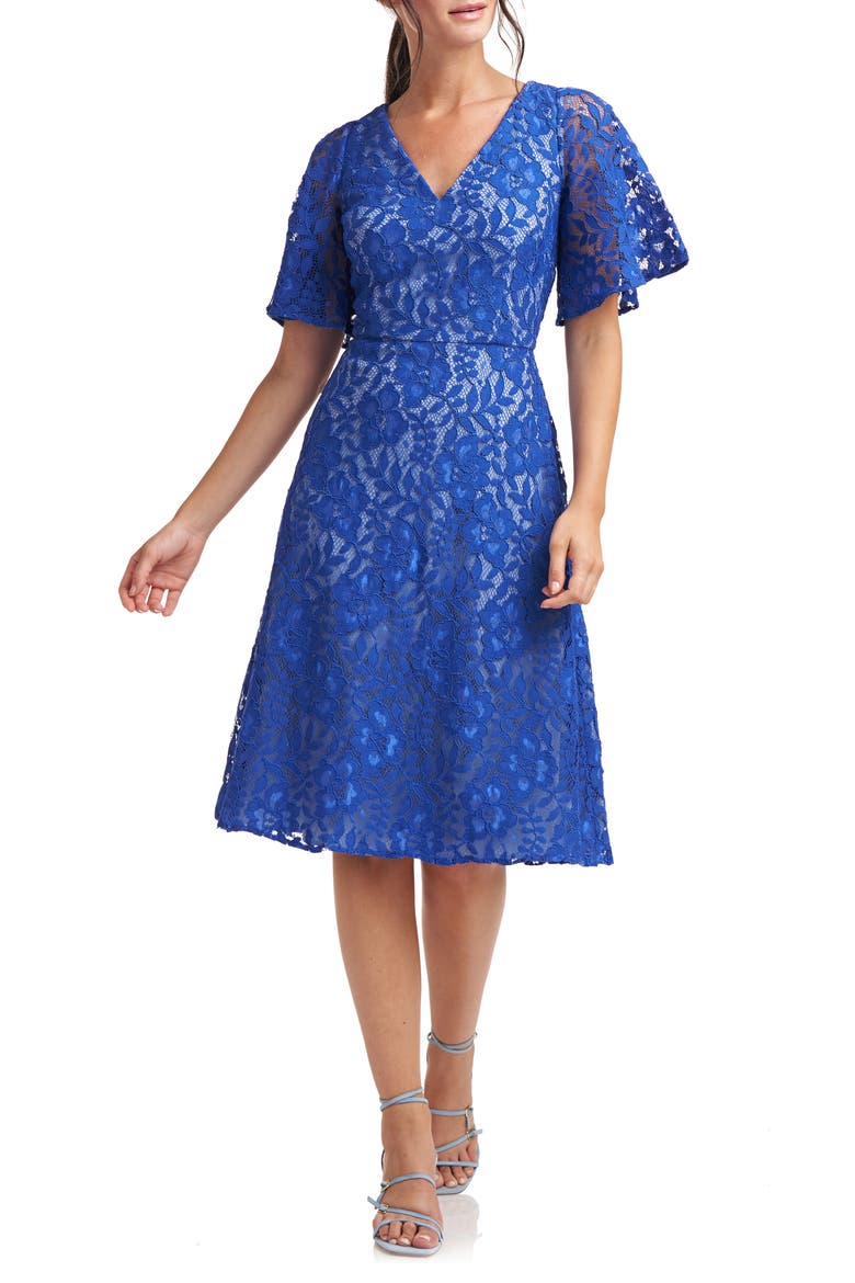 Skye V-Neck Lace Dress, Main, color, LAPIS BLUE