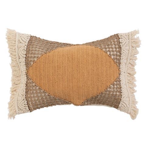 Bloomingville Hand-Woven Cotton and Jute Lumbar Pillow with Macrame, Crochet and Fringe, Multicolor