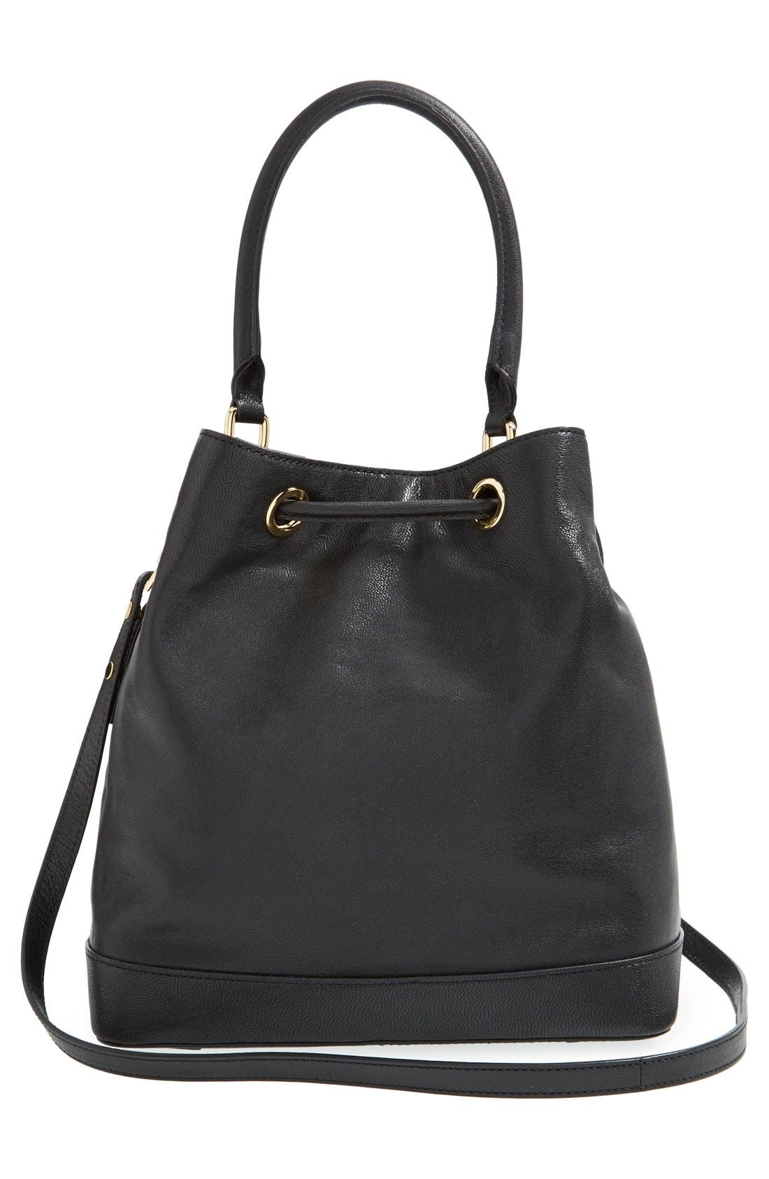 'Riley' Leather Bucket Bag, Alternate, color, BLACK