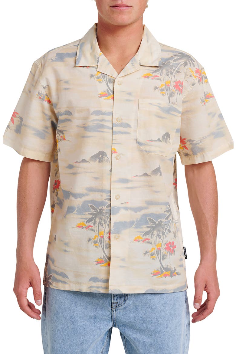 Tropical Surf Cotton & Linen Camp Shirt, Main, color, BIRCH