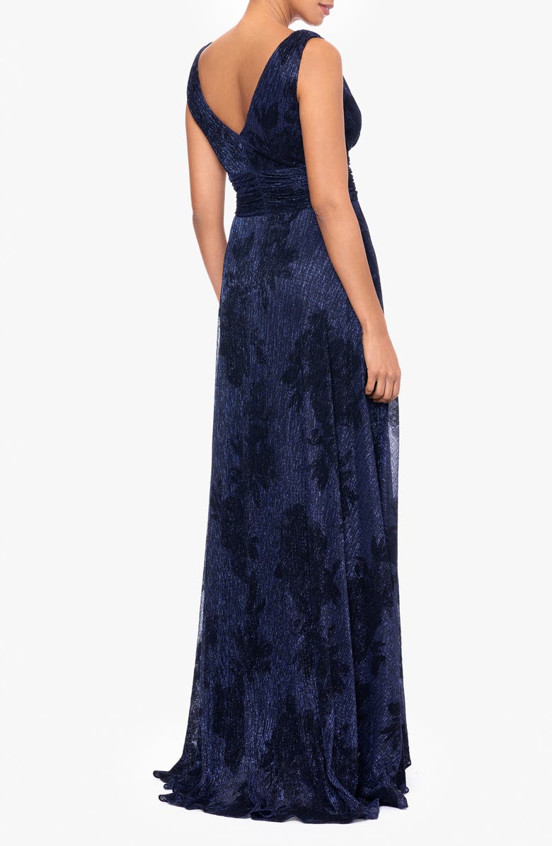 Betsy & Adam Flock Floral Metallic Crinkle Gown, Alternate, color, Navy/ Black