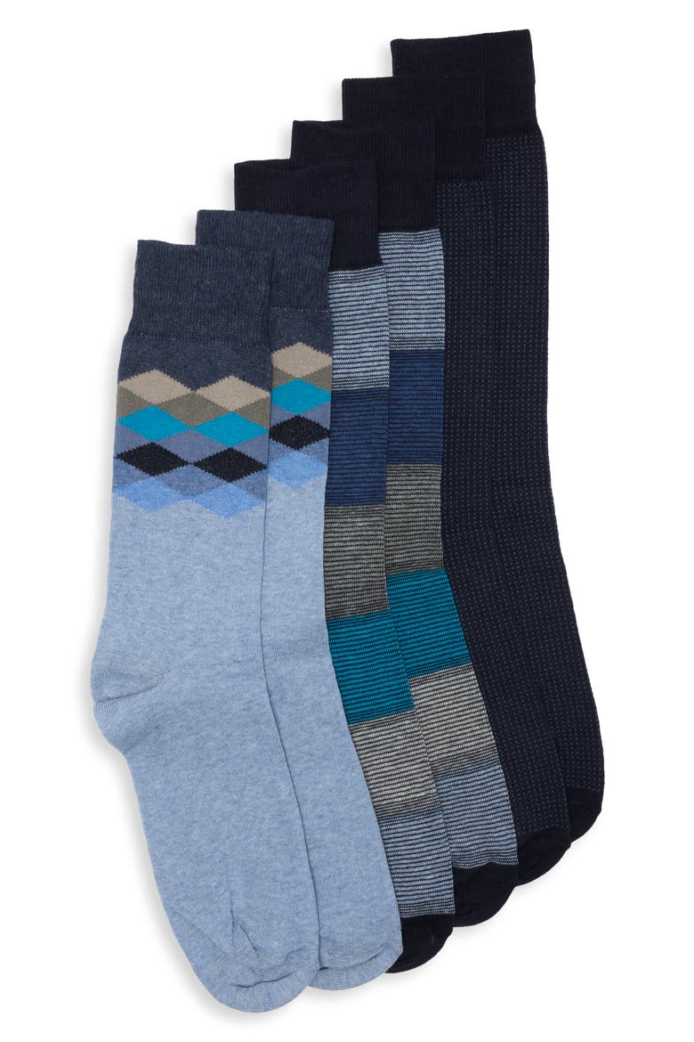 3-Pack Diamond Stripe Dress Socks, Main, color, NAVY