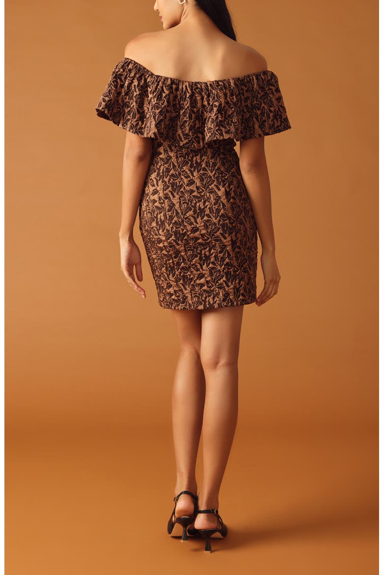 Off the Shoulder Ruffle Short Sleeve Minidress, Alternate, color, BROWN