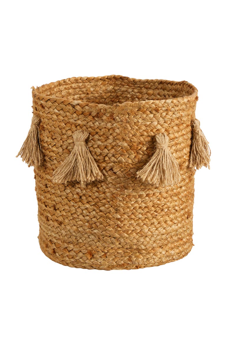 12.5-in Boho Chic Natural Hand-Woven Jute Basket Planter with Tassels, Main, color, Beige