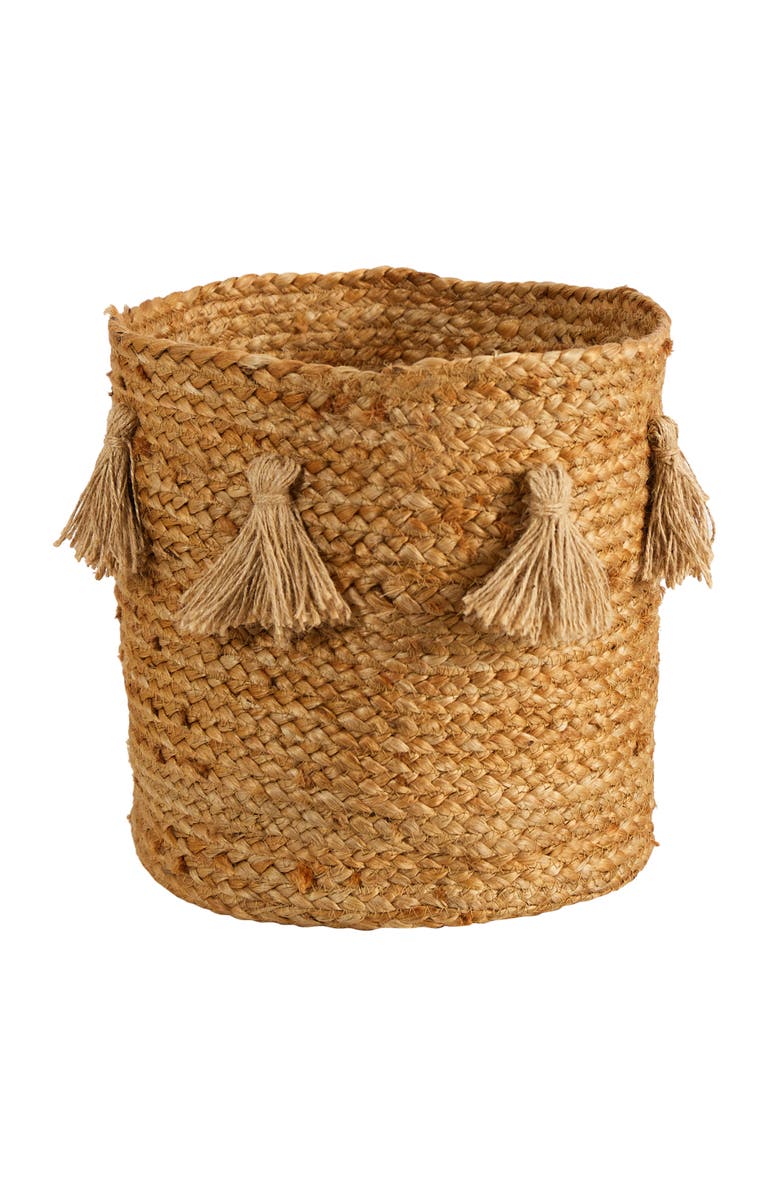 NEARLY NATURAL 12.5-in Boho Chic Natural Hand-Woven Jute Basket Planter with Tassels, Main, color, Beige