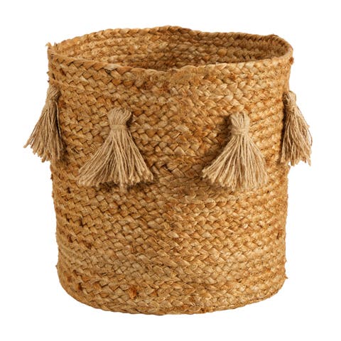 12.5-in Boho Chic Natural Hand-Woven Jute Basket Planter with Tassels