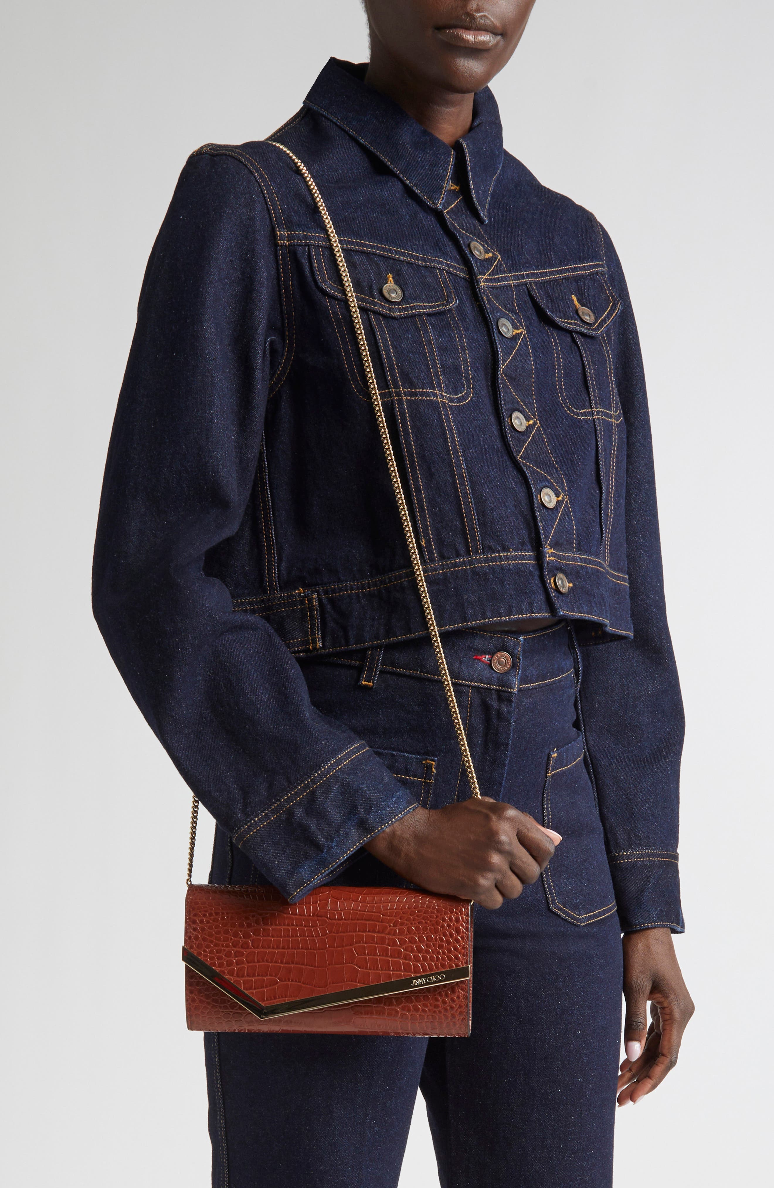 Jimmy Choo Emmie Croc Embossed Leather Clutch, Alternate, color, Cognac/ Light Gold