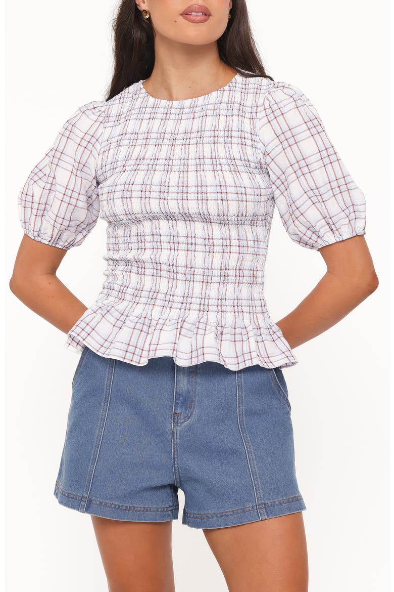 Callista Plaid Smocked Puff Sleeve Top, Main, color, LIGHT BLUE PLAID