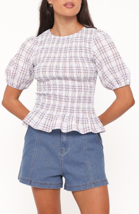 Callista Plaid Smocked Puff Sleeve Top