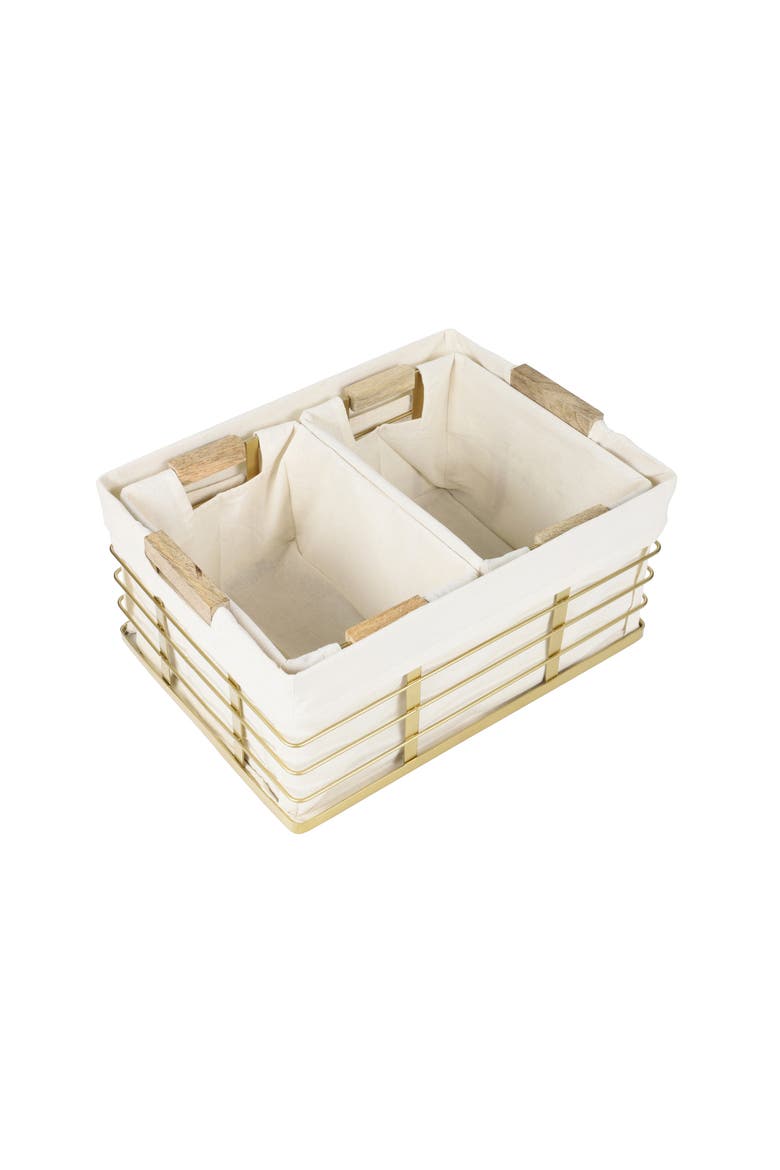 Callan Vintage Industrial Handmade Wire Metal Nesting Storage Baskets with Wood Handles and Fabric Liner, Alternate, color, Gold