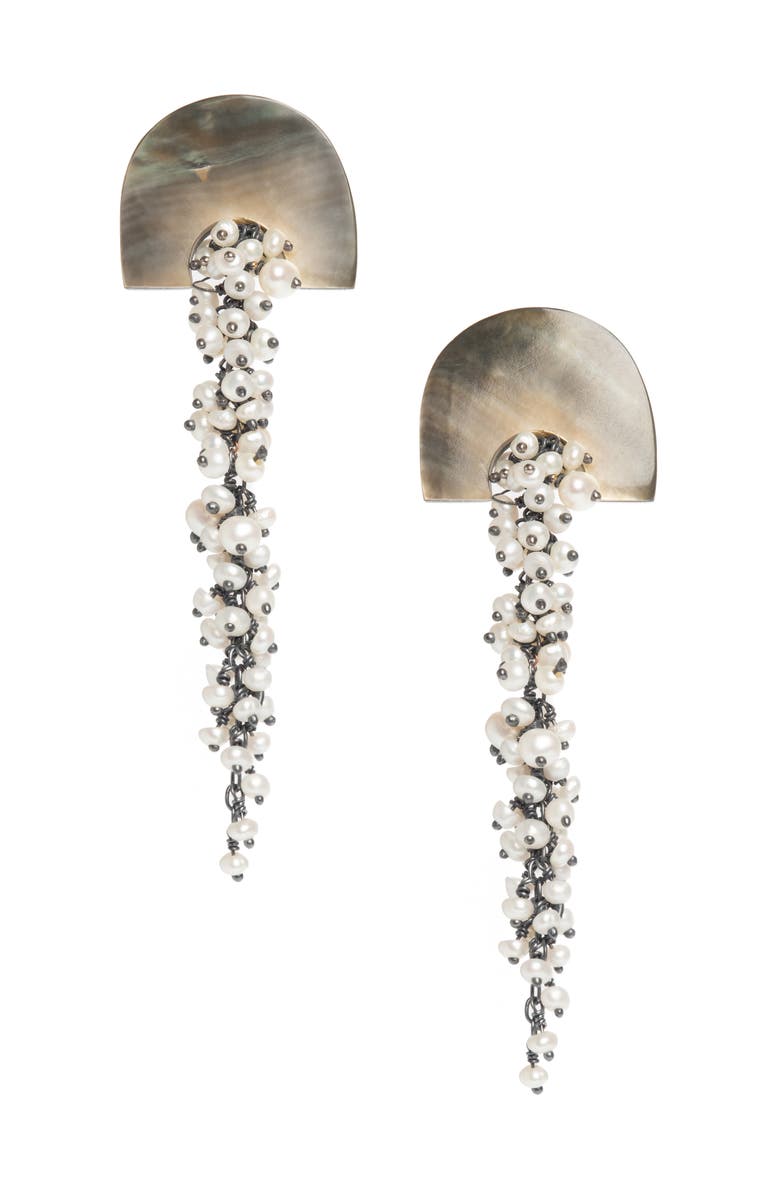 Freya Rose Hakuro Mother of Pearl and Pearl Long Drops, Main, color, Black