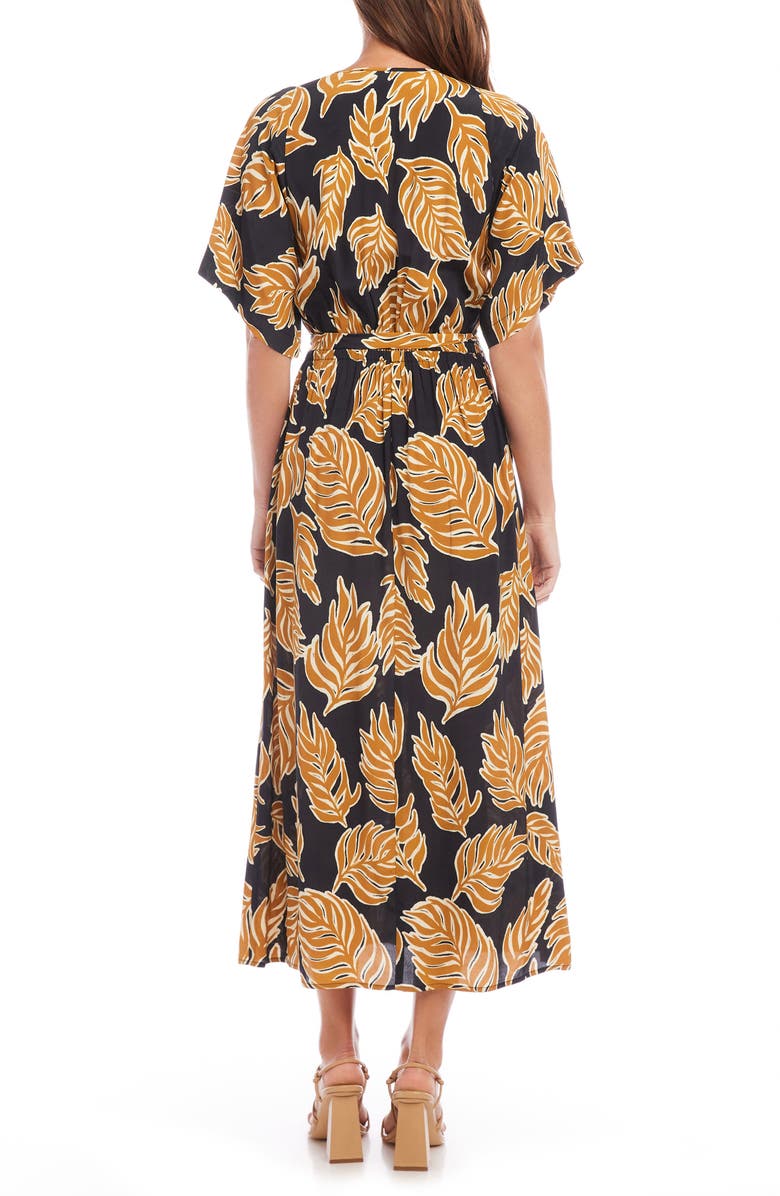 Karen Kane Leaf Print Faux Wrap Midi Dress, Alternate, color, Black Yellow Print
