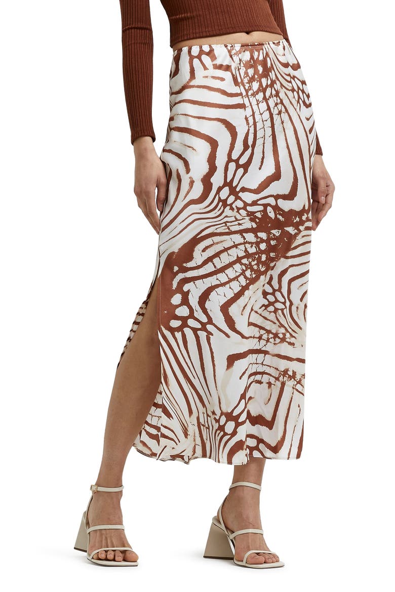 Abstract Print Bias Cut Midi Skirt, Main, color, WHITE/ BROWN