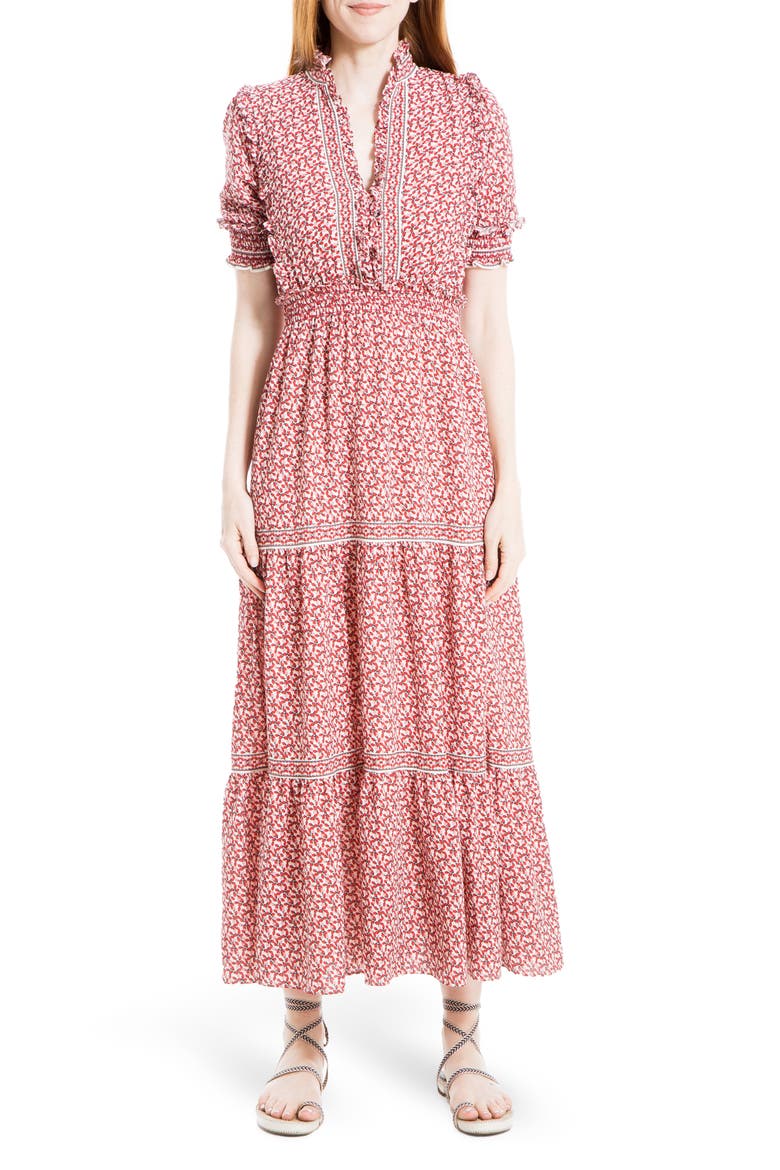 Ruffle Collar Print Tiered Maxi Dress, Main, color, CREAM/ RED BUDS