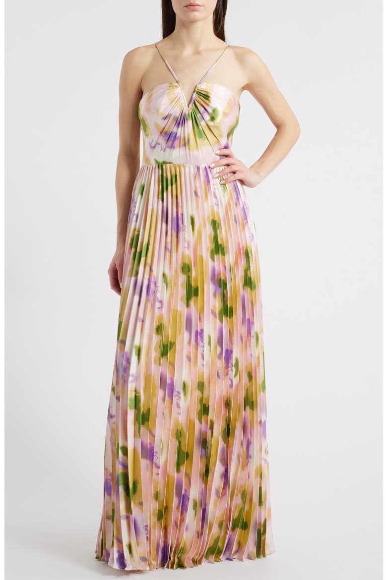 Cassia Floral Pleated Satin Gown, Main, color, PINK MULTI