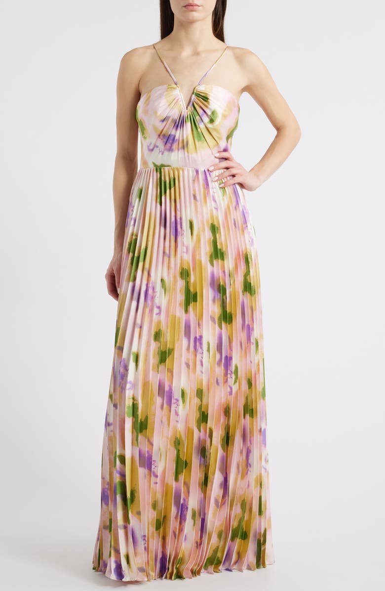 Lulus Cassia Floral Pleated Satin Gown, Main, color, Pink Multi