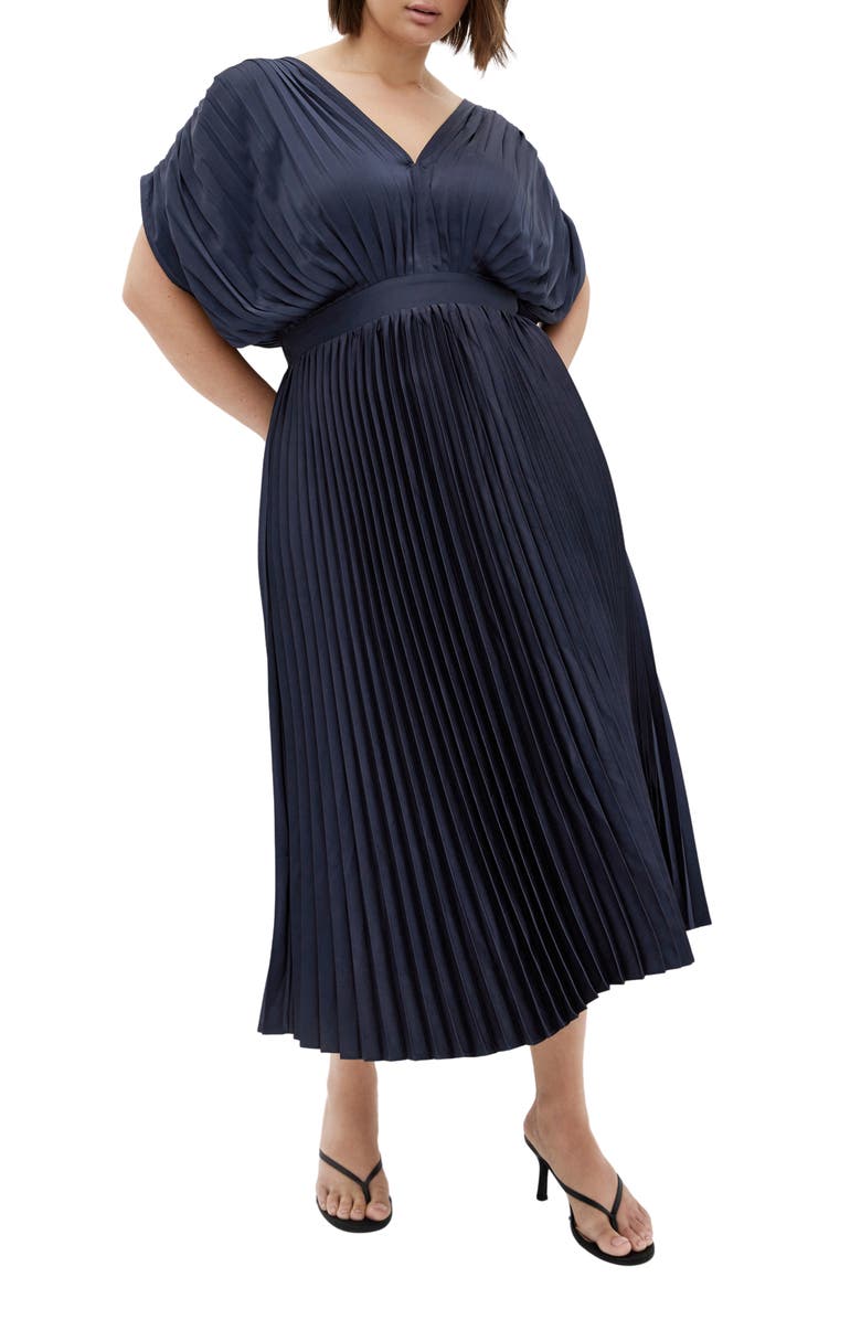 City Chic Henley Pleated Maxi Dress, Main, color, Navy