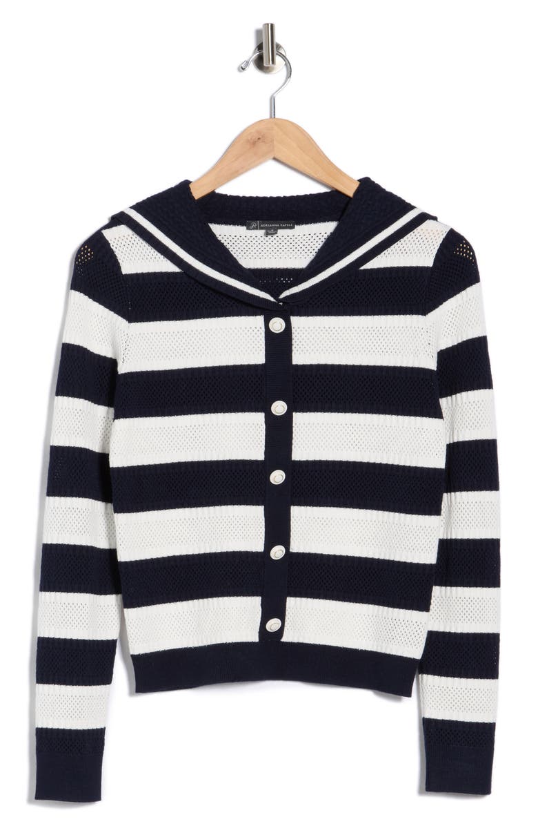 Adrianna Papell Nautical Stripe Knit Cardigan, Main, color, Blue Moon/ Ivory