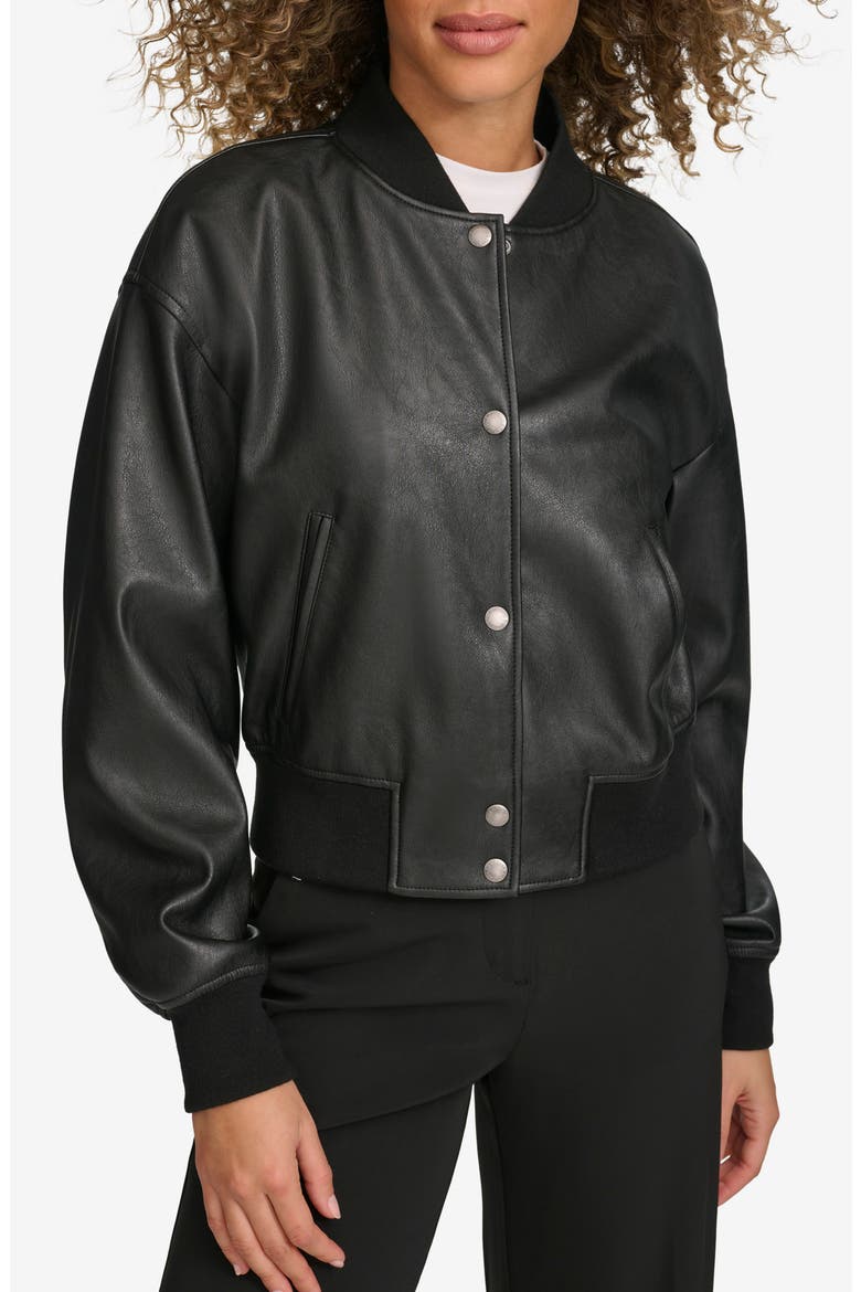 Relaxed Faux Leather Bomber Jacket, Main, color, BLACK