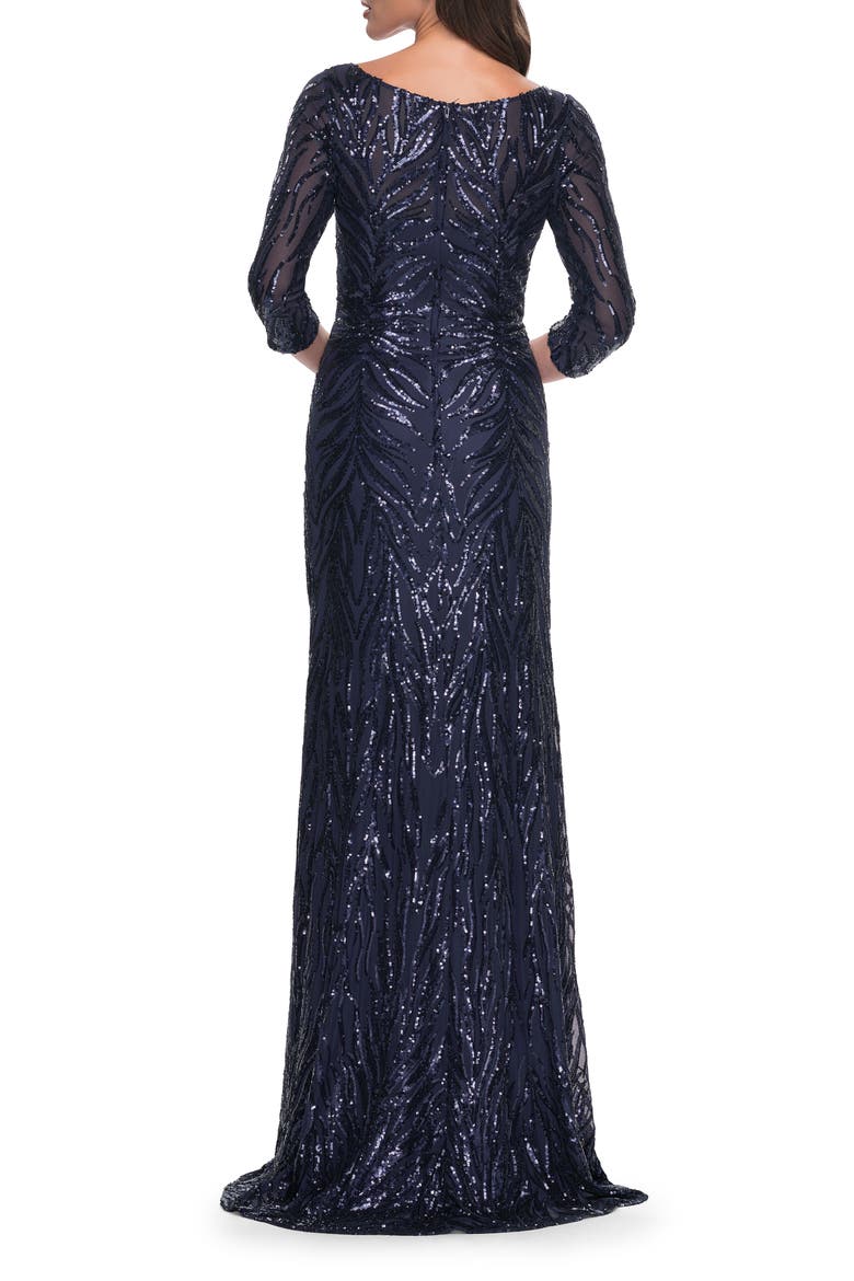 Print Sequin Gown with High Neckline and Sleeves, Alternate, color, Navy