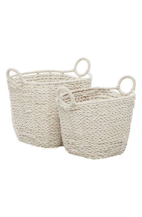 White Cotton Bohemian Storage Basket with Handles - Set of 2