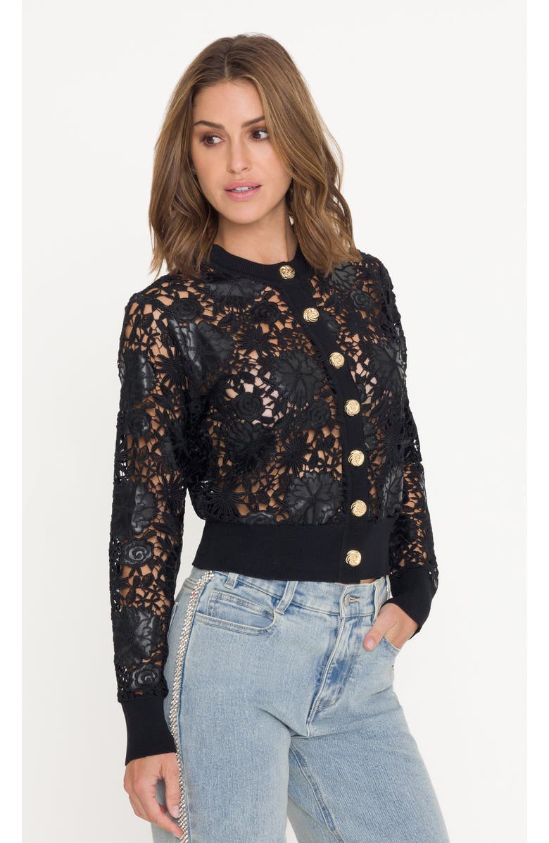 Generation Love Erin Vegan Leather Lace Cardigan, Alternate, color, Black, Floral