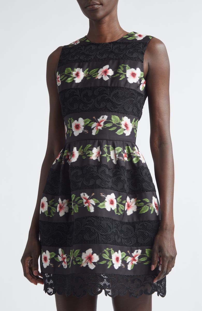 Oscar de la Renta Chiné Hibiscus Stripe Faille Dress, Alternate, color, Black
