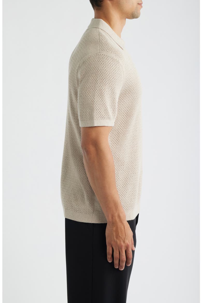 Victor Johnny Collar Cotton & Linen Mesh Stitch Polo Sweater, Alternate, color, HEATHER OATMEAL