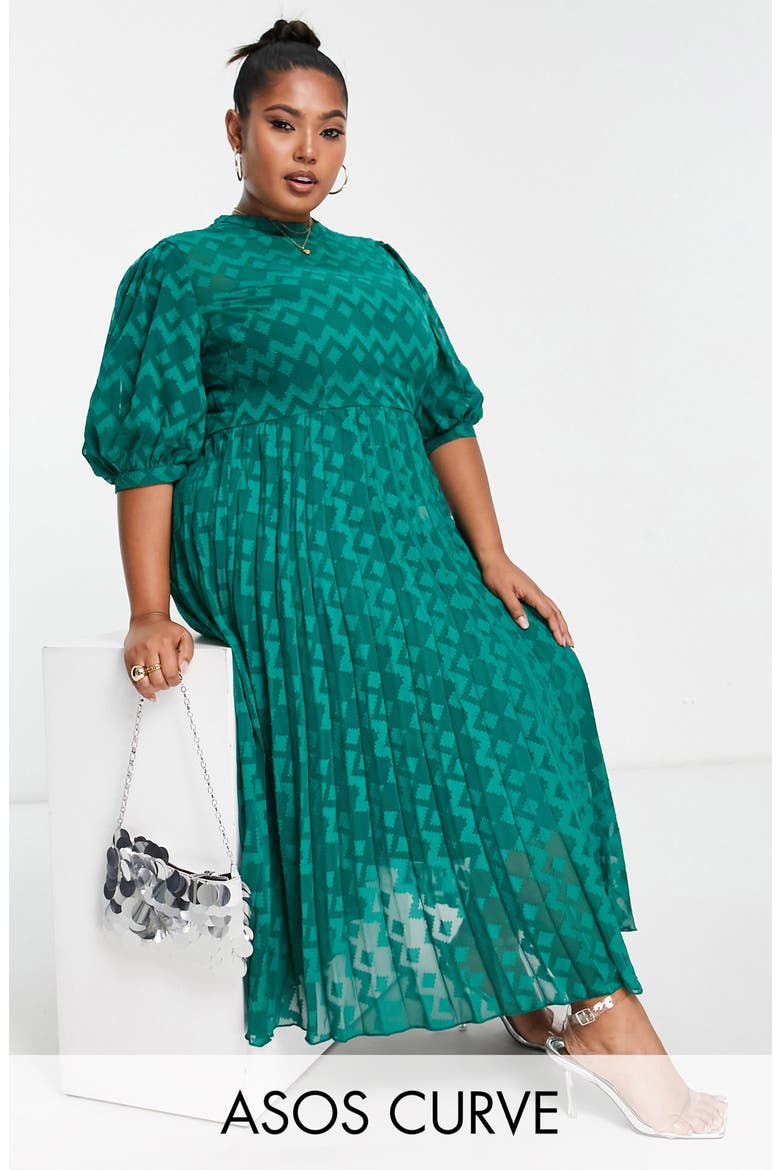 Curve Chevron Dobby Midi Dress, Alternate, color, DARK GREEN