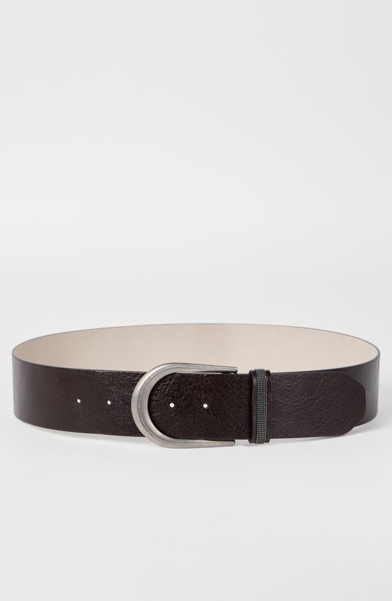 Brunello Cucinelli Glossy calfskin belt, Alternate, color, Black