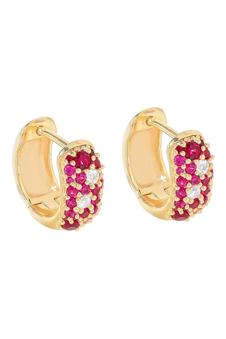 Lab Created Ruby Huggie Hoop Earrings, Main, color, PINK