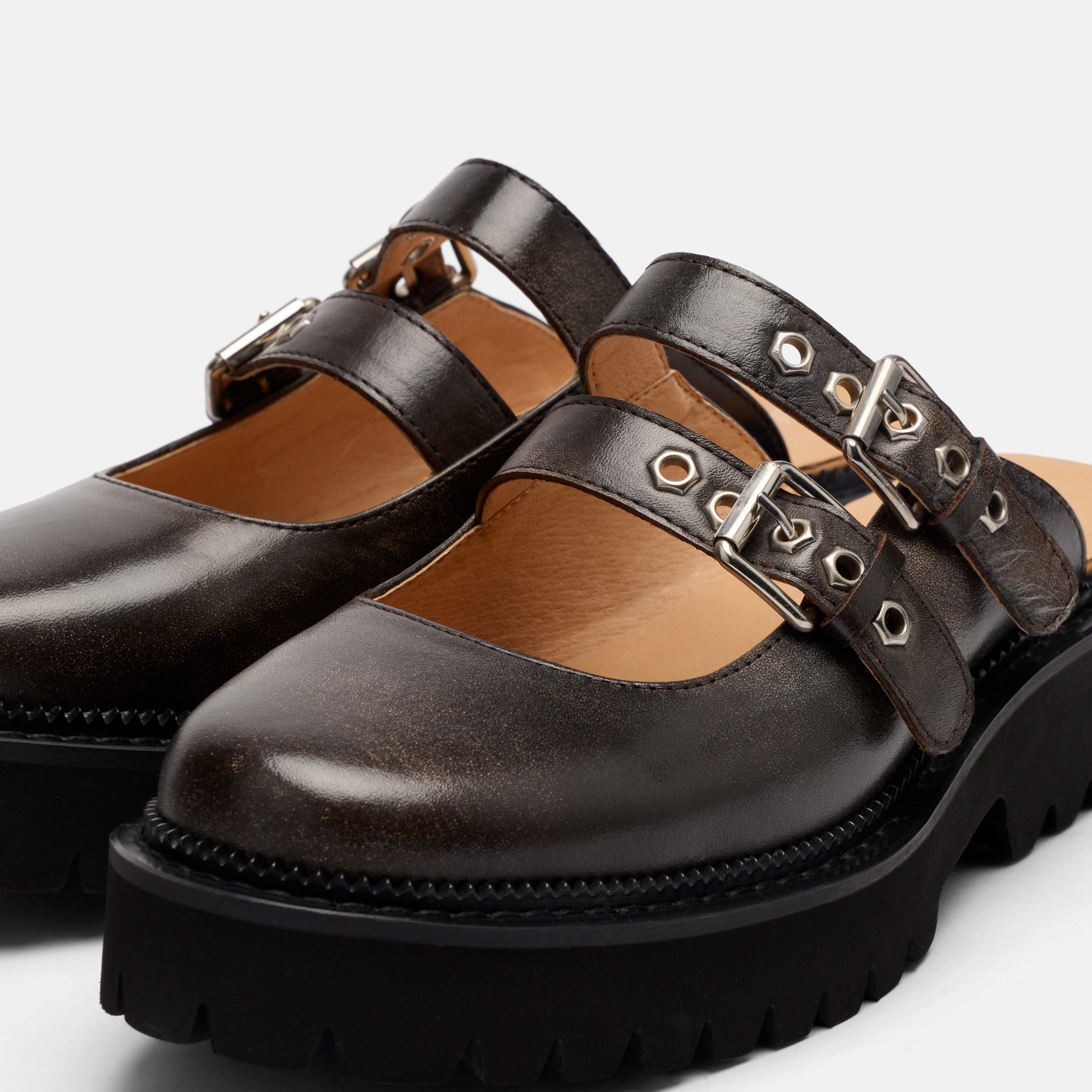 MARC NOLAN Lexi Leather Double-Buckle Lug Mules, Alternate, color, Brown Distressed