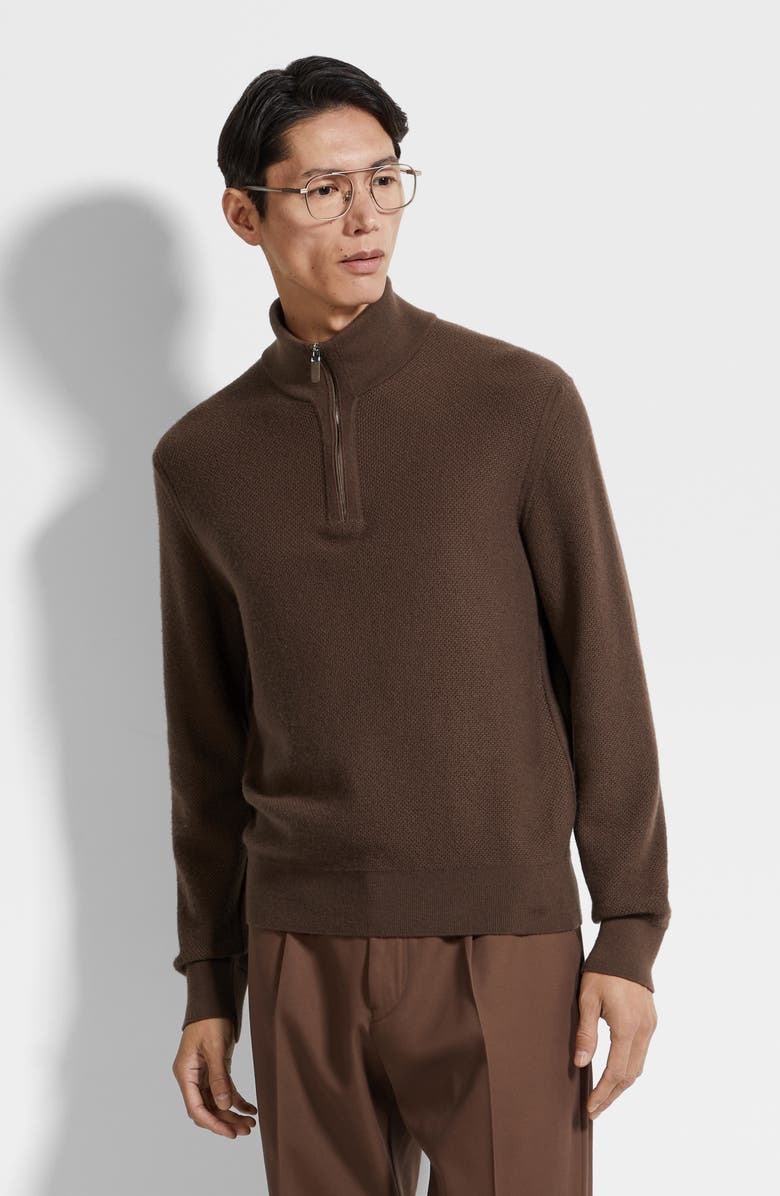 ZEGNA Oasi Cashmere Jacquard Quarter Zip Sweater, Alternate, color, Brown