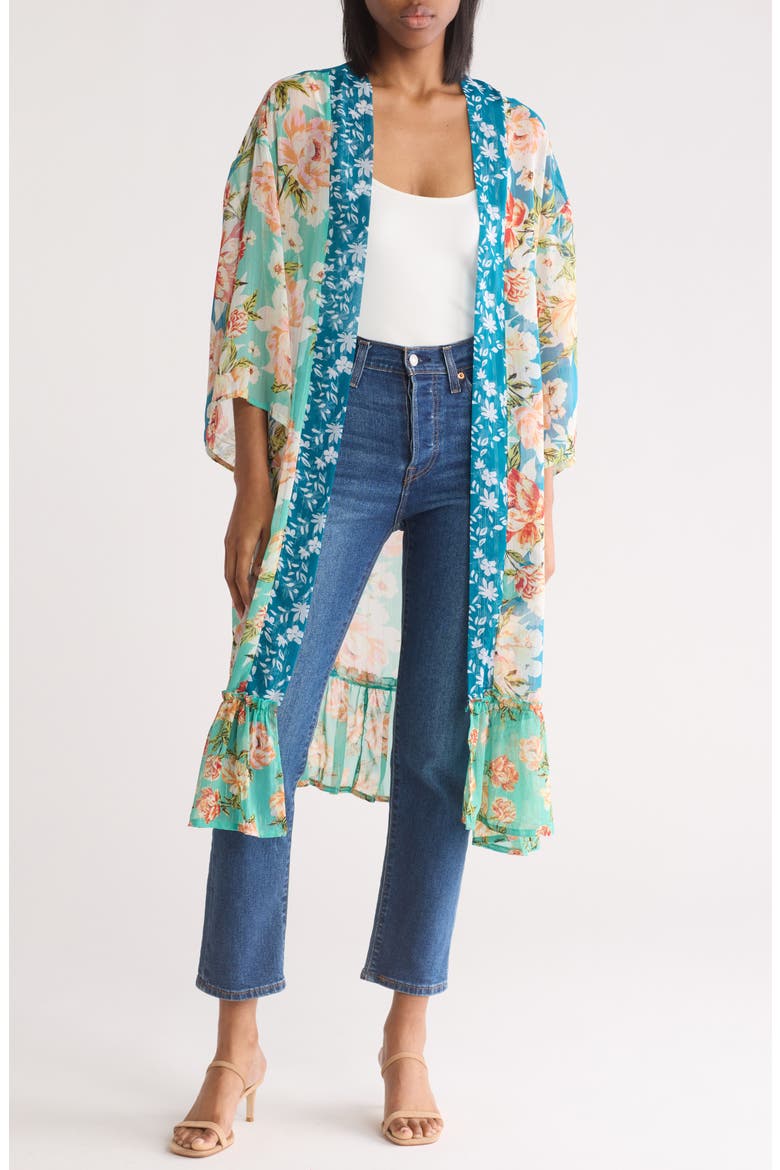Mixed Print Colorblock Duster, Main, color, TEAL