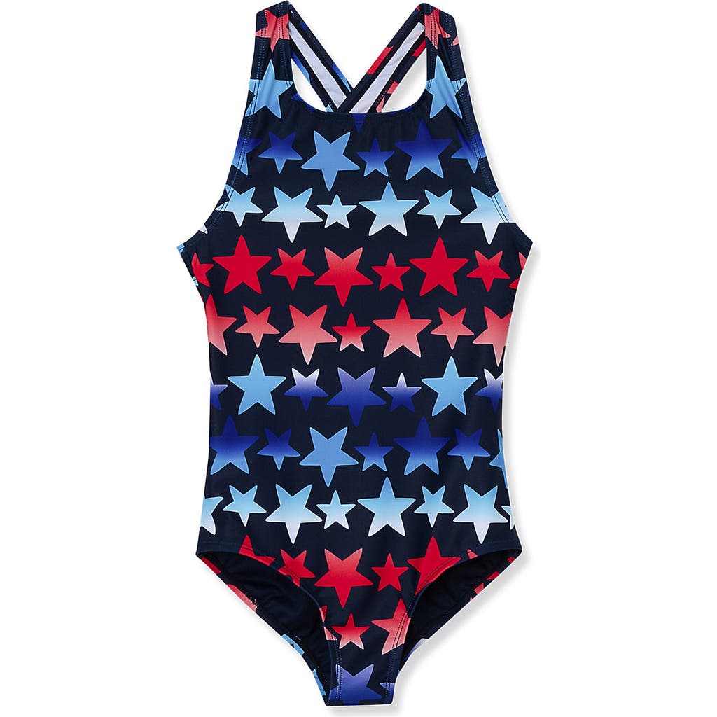 Lands' End Girls One Piece Swimsuit In Navy Galaxy Shellfish