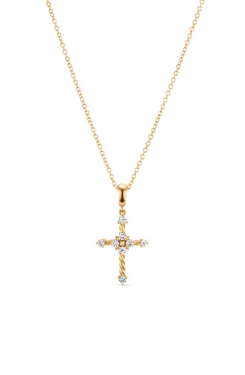 Petite Modern Renaissance Cross Pendant Necklace in 18K Yellow Gold with Diamonds