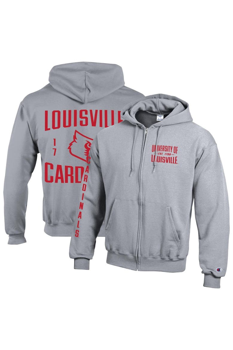 Men's Champion  Heather Gray Louisville Cardinals Varsity Powerblend Full-Zip Fleece Hoodie, Main, color, Heather Gray