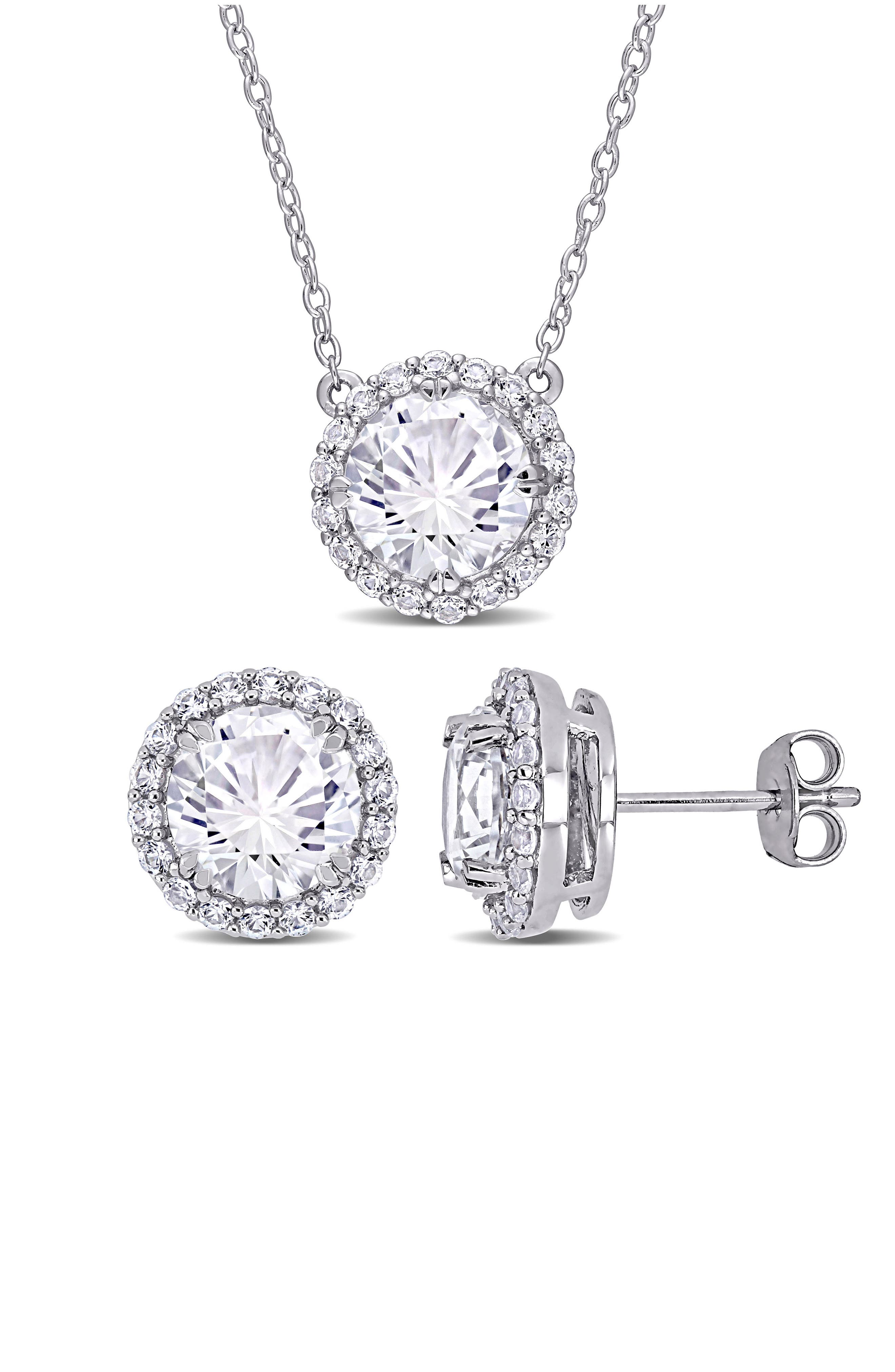 DELMAR Lab Created White Sapphire Halo Pendant Necklace & Stud Earrings Set