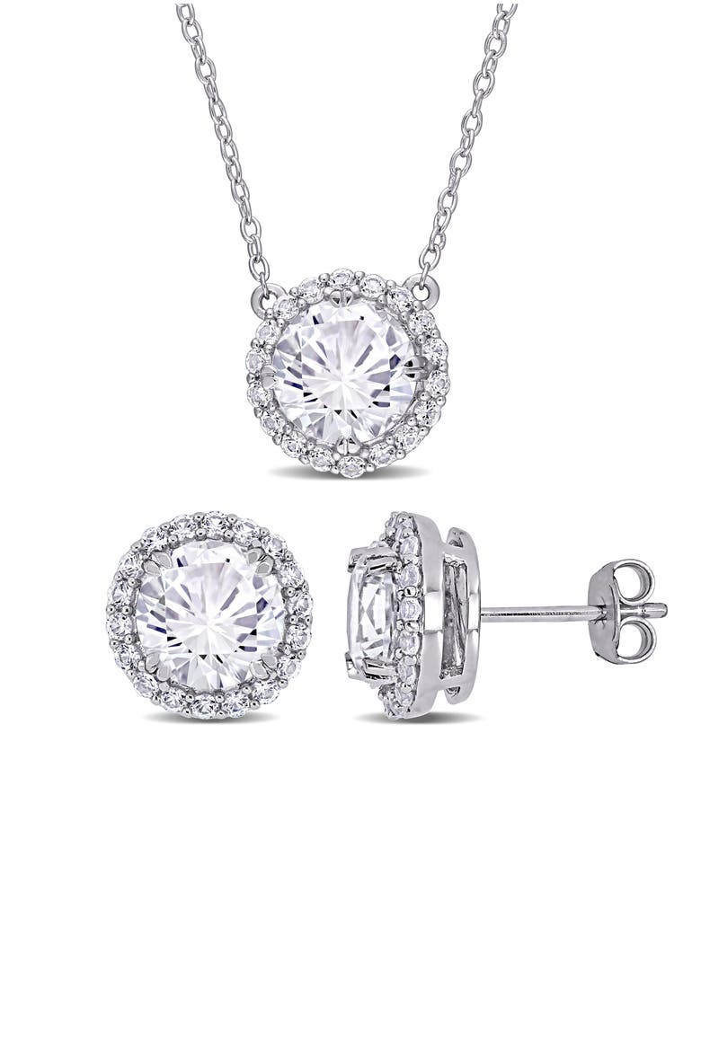 Lab Created White Sapphire Halo Pendant Necklace & Stud Earrings Set, Main, color, WHITE