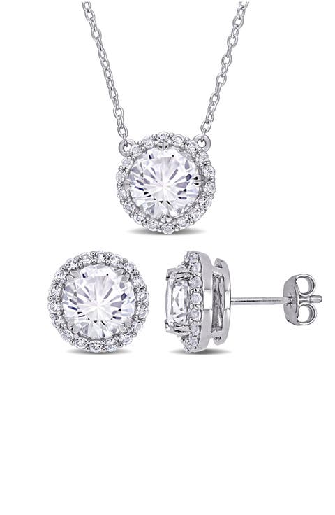Lab Created White Sapphire Halo Pendant Necklace & Stud Earrings Set