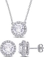 DELMAR Lab Created White Sapphire Halo Pendant Necklace & Stud Earrings Set