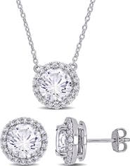 DELMAR Lab Created White Sapphire Halo Pendant Necklace & Stud Earrings Set