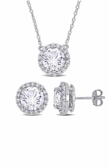 DELMAR Lab Created White Sapphire Halo Pendant Necklace & Stud Earrings Set