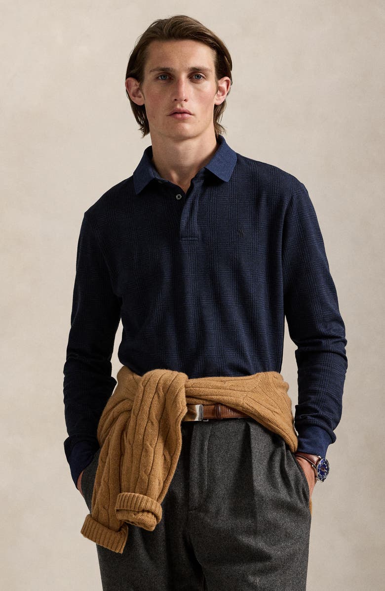 Polo Ralph Lauren Classic Fit Glen Plaid Long Sleeve Cotton Polo, Alternate, color, Jacquard Medieval Blue