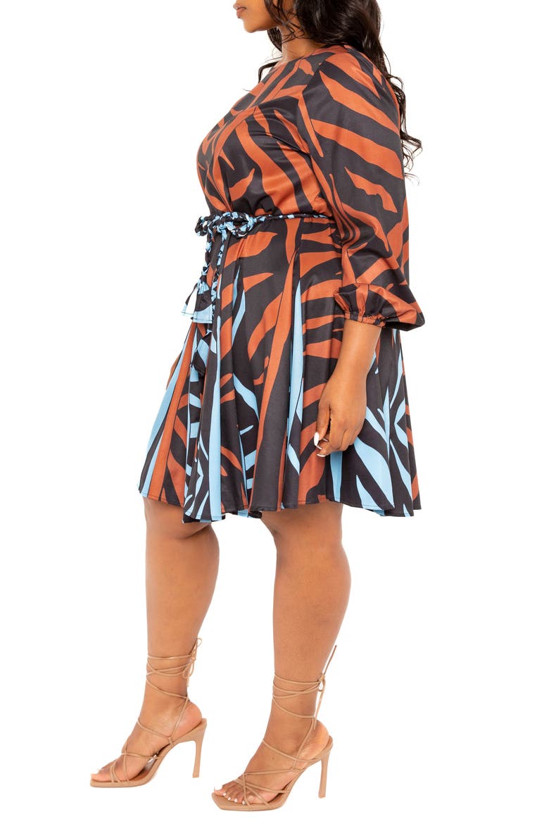 Bishop Sleeve Belted Fit & Flare Dress, Alternate, color, BROWN MULTI